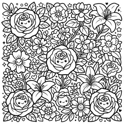Discover a delightful world of adorable blooms with this Kawaii floral coloring page, featuring charming roses, lilies, and various flowers all with cute faces. This intricate design offers a joyful and relaxing coloring experience perfect for all ages.