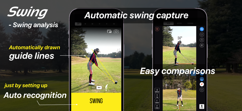 Golfboy:Launch Monitor - Interfaz de análisis de swing automático de la aplicación Golfboy con líneas guía y comparación lado a lado.