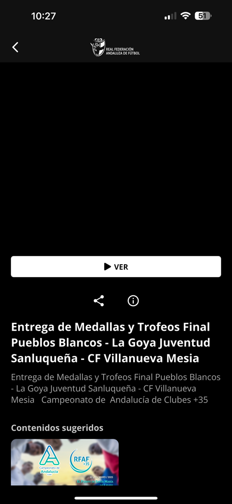 Interfaz de la aplicación RFAF TV mostrando un reproductor de video para una ceremonia de trofeos de fútbol.