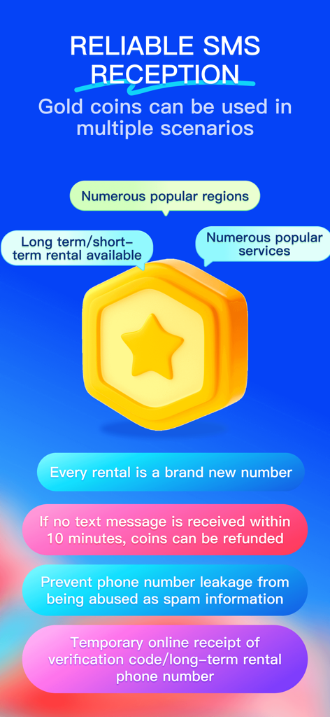 Pantalla de la aplicación SMS Cloud que muestra los beneficios de los números de teléfono virtuales y las funciones de recepción de SMS confiables