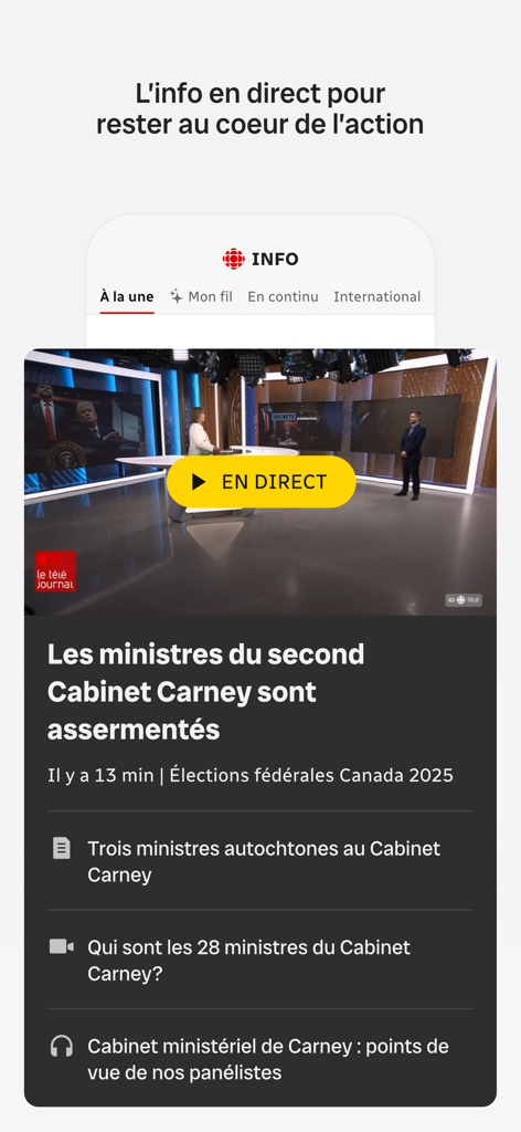 Radio-Canada Info - Radio-Canada Info app interface featuring a live news broadcast and headlines.