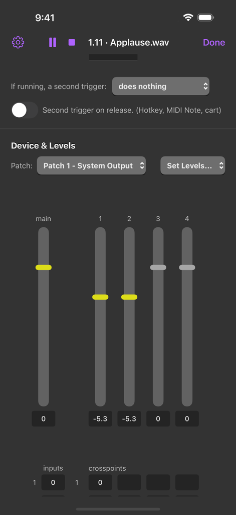 Interface of the QLab Remote app displaying audio mixing sliders and level adjustments for a live show cue