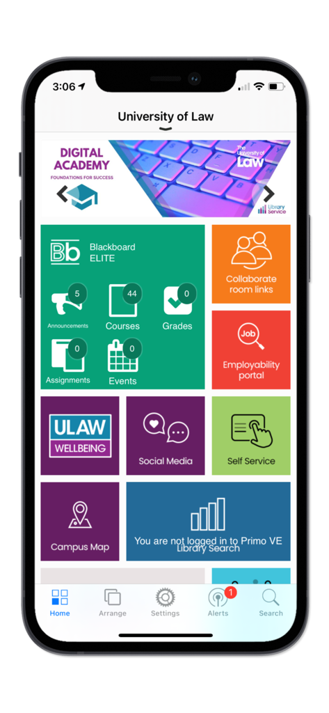 Home screen of the My ULaw app featuring a tiled dashboard with links to Blackboard ELITE, courses, and employability services.