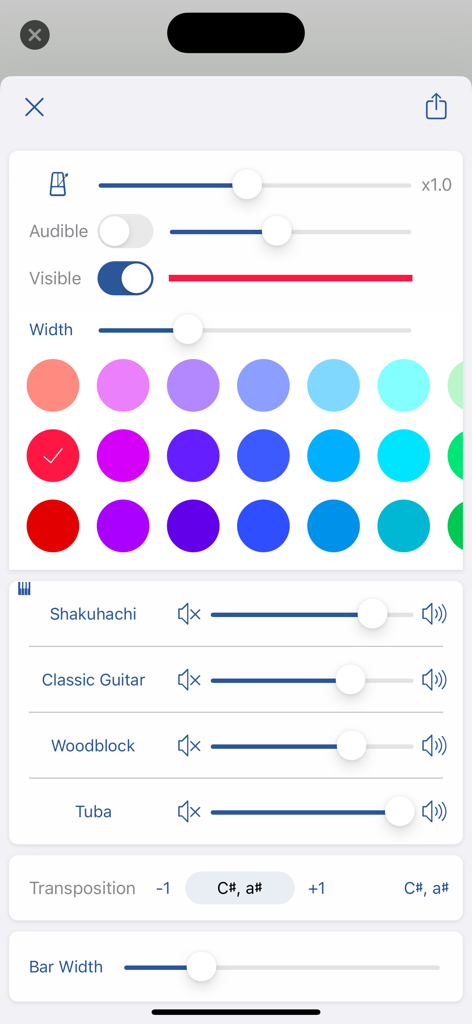 Music Reader -Sheet Music Note - Interface of the Music Reader app featuring sheet music annotation tools, instrument volume sliders, and transposition settings.