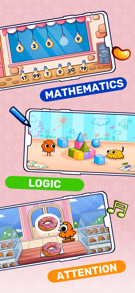 Learning Games for Kids . - Screenshots of a kids learning app showing math logic and attention activities