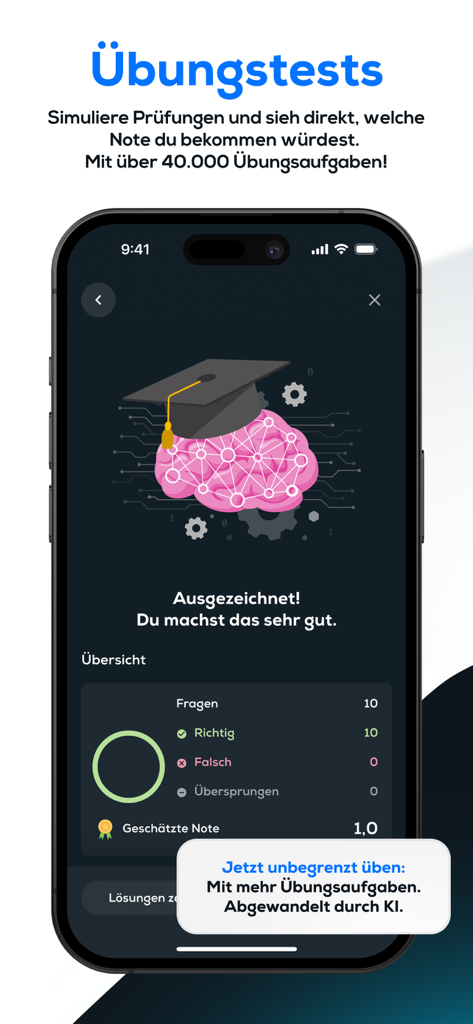 Screenshot der simpleclub App mit Ergebnissen einer Prüfungssimulation und einer Prognose für eine Bestnote