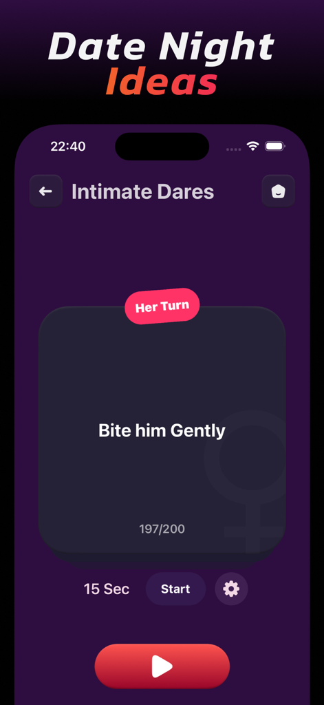 Sex Positions Game :TwoJoy - TwoJoyアプリのインターフェース。デートナイト中のカップルのための親密な挑戦カードが表示されています。