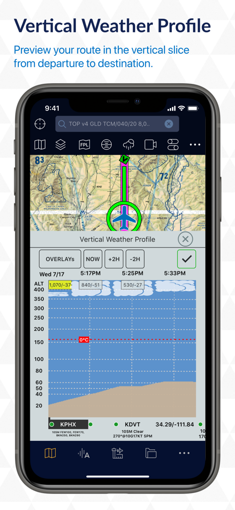 Stratus Insight EFB - A vertical weather profile in the Stratus Insight EFB app showing cloud layers and altitude along a flight route.