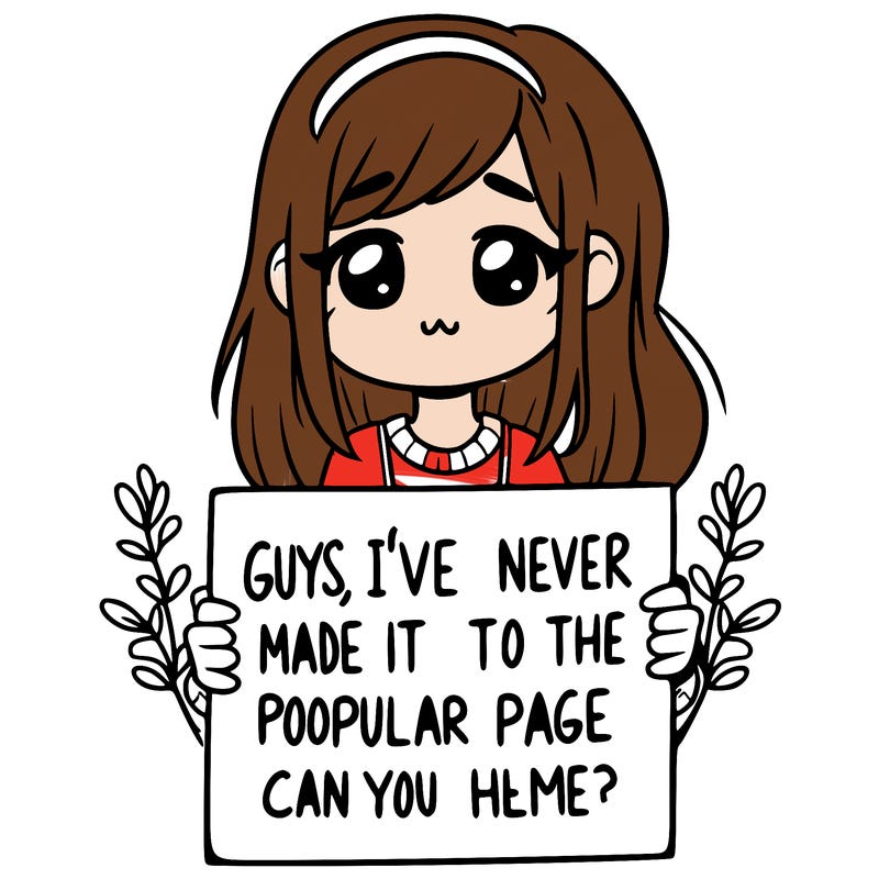 a girl holding up a sign that says, guys, i’ve never made it to the popular page, can you help me?