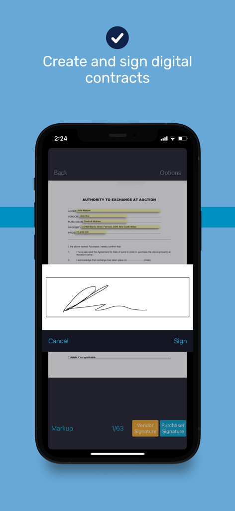 Interfaccia dello smartphone che mostra un contratto immobiliare digitale in fase di firma tramite l'app Real Time Agent