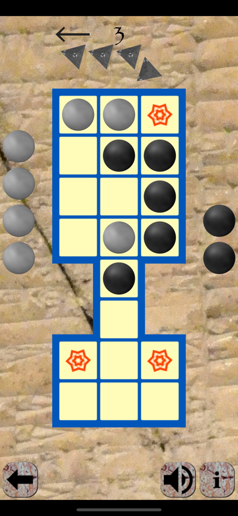 Top down mobile gameplay view of 20 Squares Royal Game of Ur board with black and grey tokens