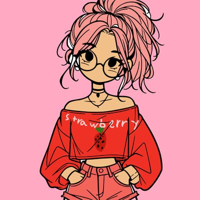 girl with a messy ponytail glasses a baggy crop top and jean shorts