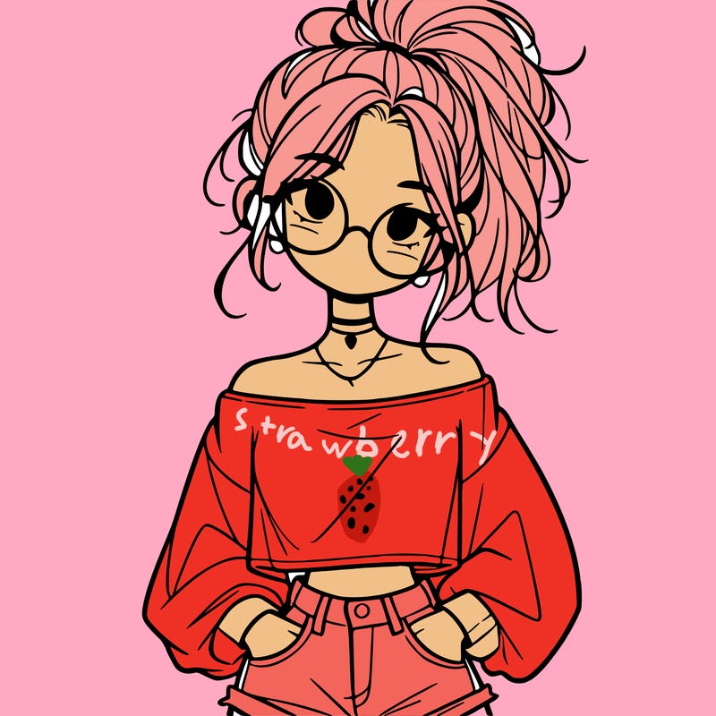 girl with a messy ponytail glasses a baggy crop top and jean shorts