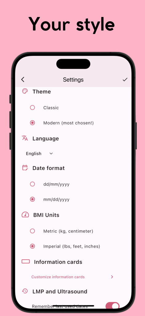 Settings screen of the Gestational Age app showing customization options for theme language and units