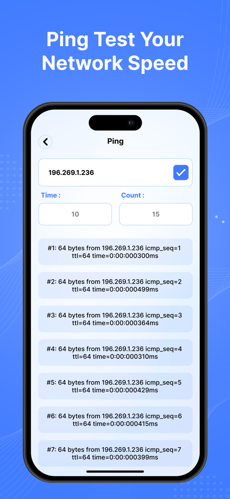 All Router Wifi Passwords - Pantalla móvil que muestra una interfaz de prueba de ping con datos de respuesta en tiempo real para una dirección IP de red.