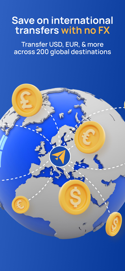 Fin.do: Instant Money Anywhere - A promotional screen for Fin.do showing a 3D globe with currency coins and text about saving on international transfers with no FX markups.