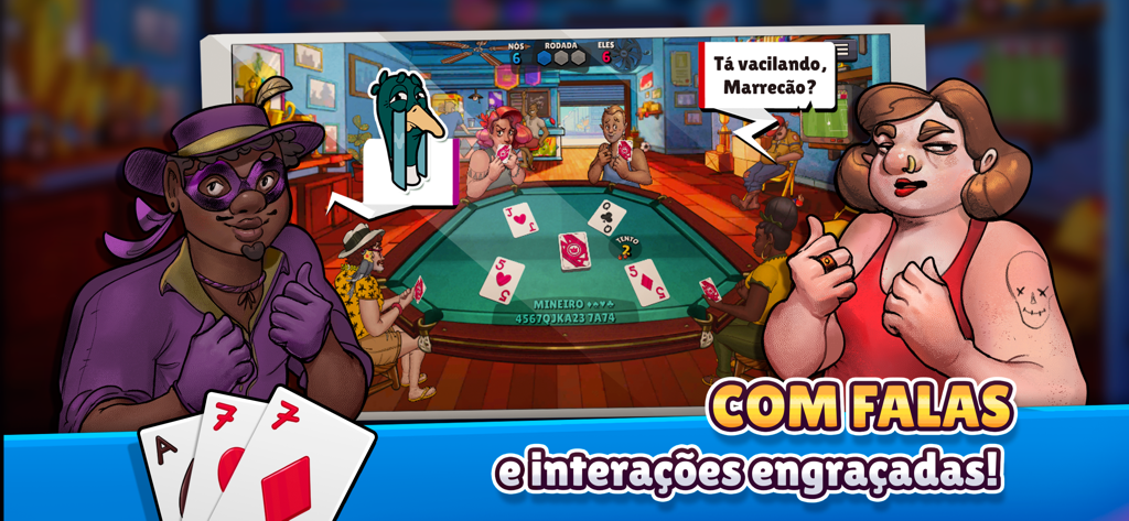 Animated characters in a virtual bar setting playing a game of Truco with speech bubbles and card interactions