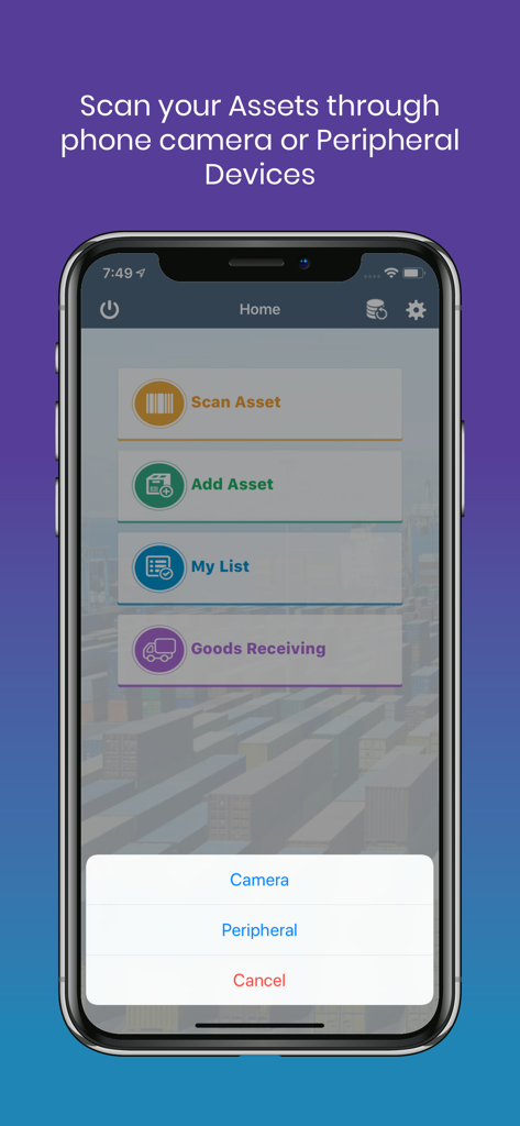 The mAssetTag app home screen displaying menu options for scanning and adding assets with a pop up menu to choose between camera or peripheral device scanning.