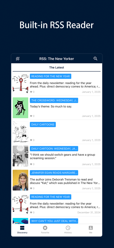 Yealico - Yealico App-Oberfläche, die den integrierten RSS-Reader mit einem Nachrichten-Feed mit Artikeln und Illustrationen zeigt