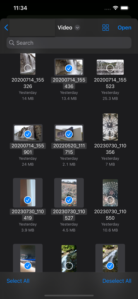 A grid view interface showing multiple video files selected for playback within a folder based organization app