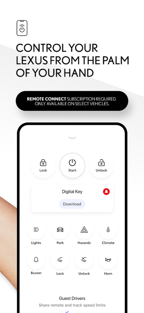Lexus - Lexus mobile app interface showing remote vehicle controls including start lock and unlock