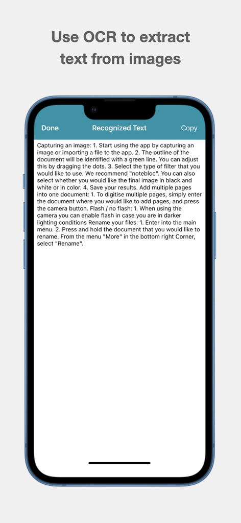 Notebloc Scanner - Scan to PDF - Screenshot of Notebloc Scanner app displaying the OCR feature extracting text from a scanned document