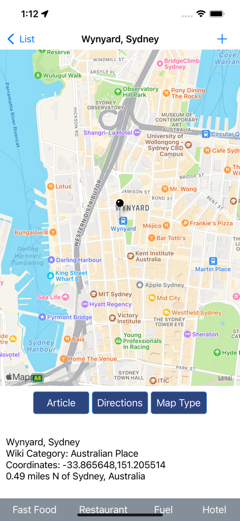 A map of Wynyard Sydney in the WikiPal Oceania app showing local points of interest and coordinates.