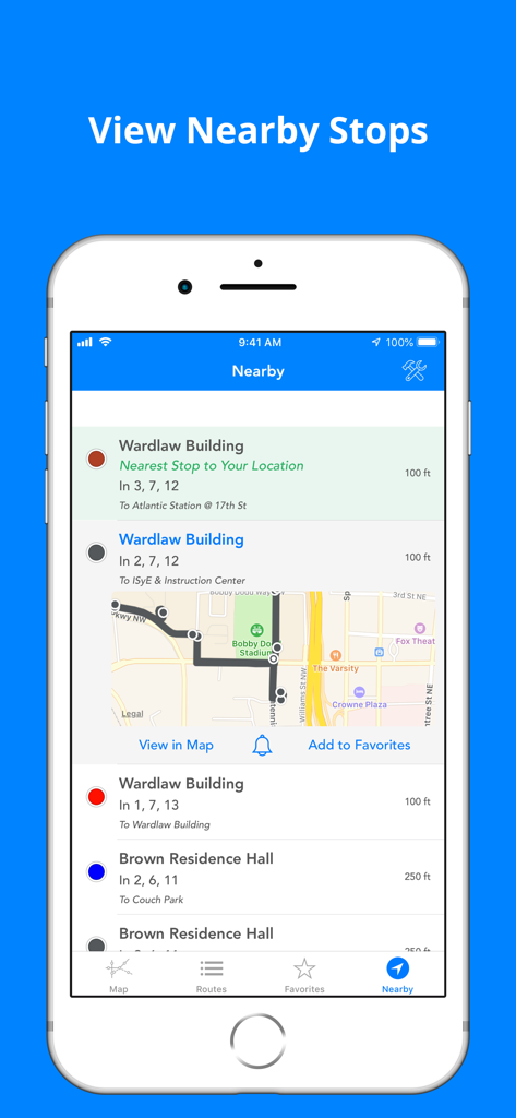 GT Buses - GT Buses mobile app interface showing nearby bus stops and arrival predictions