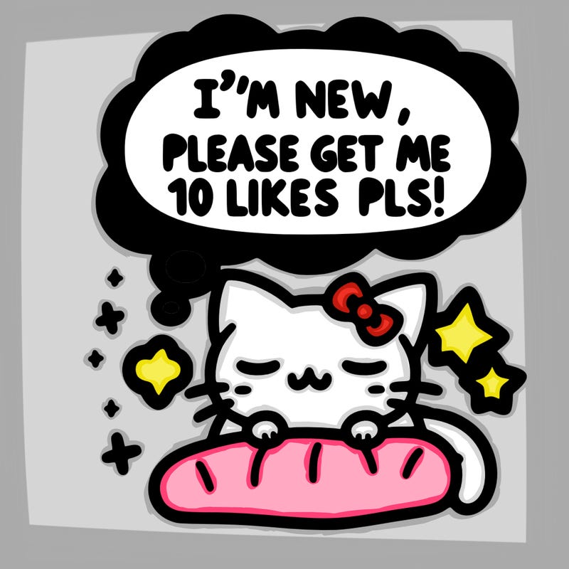 kitty taking a nap dream talking and saying "i'm new, please get me at least 10 likes pls!!"