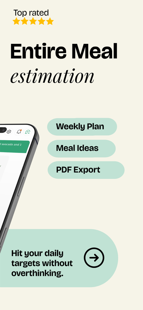 CaloriMate: AI Calorie Guide - CaloriMate app screen highlighting AI meal estimation weekly plans and PDF export features