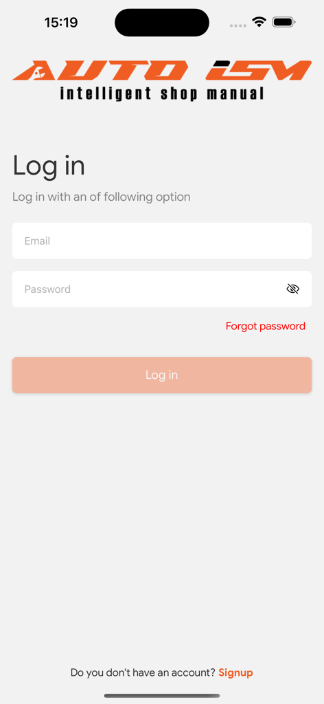 Auto ISM - Anmeldebildschirm für die Auto ISM Intelligent Shop Manual App