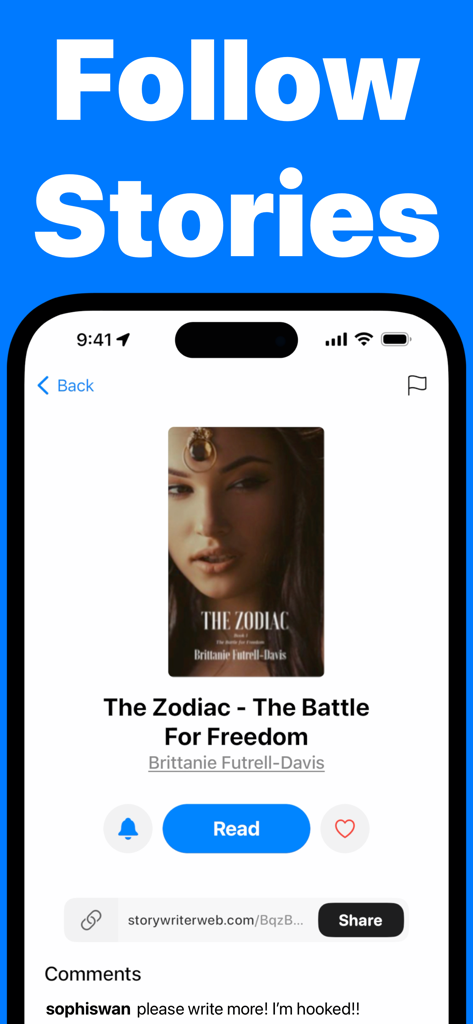 Mobile App-Oberfläche von Story Writer, die ein Buchprofil für The Zodiac mit Schaltflächen zum Folgen und Lesen zeigt