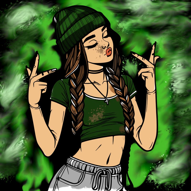 realistic teenage girl with braids and a beanie and crop top doing 🫶🏼