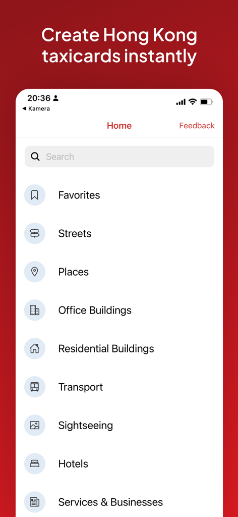 Hong Kong Taxi Translator - Home screen of the Hong Kong Taxi Translator app showing categories like office buildings, hotels, and sightseeing spots.