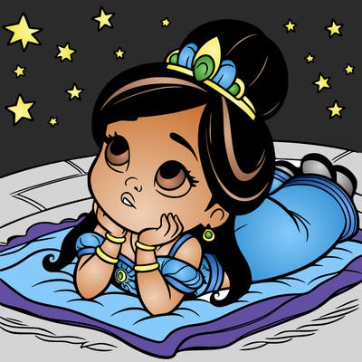a princess lying on her back on a blanket, looking up at the stars with a dreamy expression.