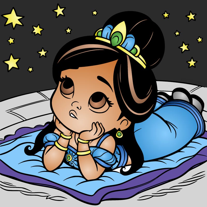 a princess lying on her back on a blanket, looking up at the stars with a dreamy expression.