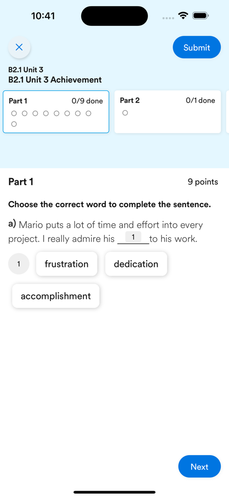 Language assessment quiz in EF Campus Learning app