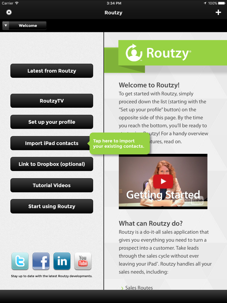 Tela de boas-vindas e início do aplicativo de CRM de vendas móvel Routzy em um iPad