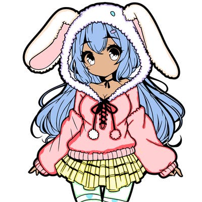 pretty anime girl wearing a fluffy hoodie with bunny ears on the hood and a skirt