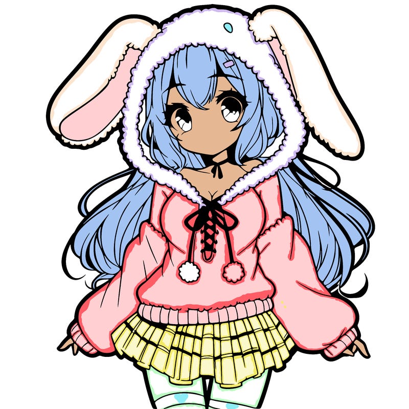 pretty anime girl wearing a fluffy hoodie with bunny ears on the hood and a skirt