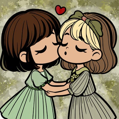 a girl with short hair kissing another girl with long hair and they are both wearing a dress
