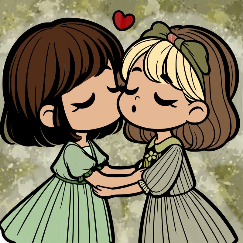 a girl with short hair kissing another girl with long hair and they are both wearing a dress