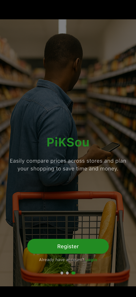 PiKSou - Man using the PiKSou app to compare grocery prices while shopping in a supermarket aisle.