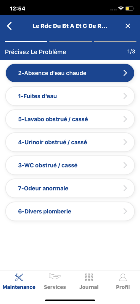 SamFM Smart Request - A mobile interface of the SamFM Smart Request app showing a list of common plumbing issues for reporting maintenance requests.