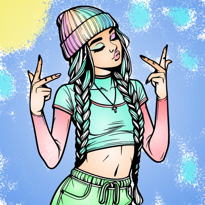 realistic teenage girl with braids and a beanie and crop top doing 🫶🏼