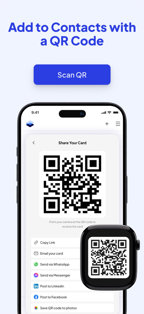 Fluer: Digital Business Card - Condivisione di un biglietto da visita digitale tramite codice QR su uno smartphone e uno smartwatch