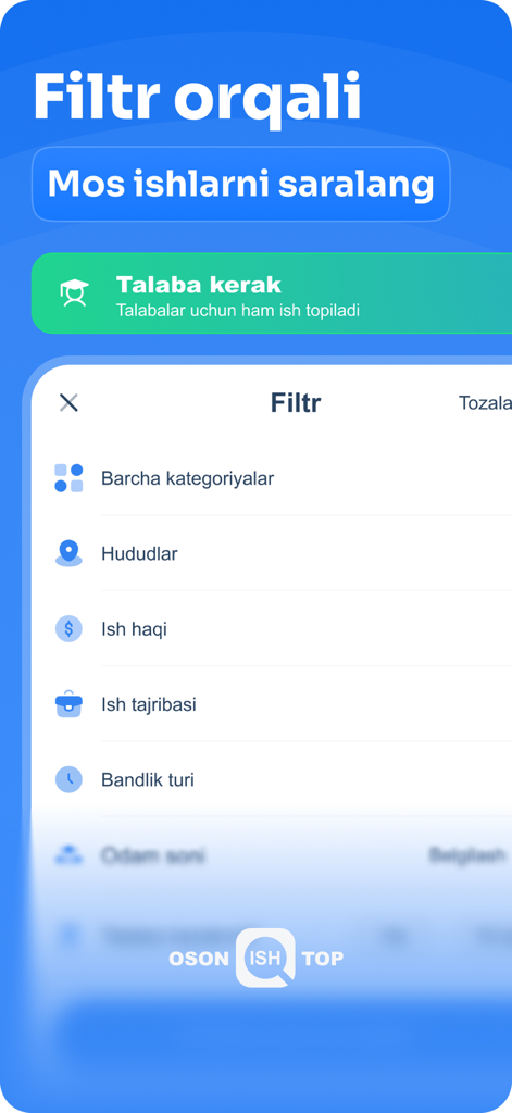Oson Ish Top - Oson Ish Top job search app filter screen displaying categories and location options in Uzbek