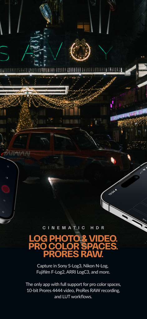 Pearla - Pro Filmic Camera - 夜景を背景に、PearlaアプリのインターフェースにシネマティックHDRとプロログビデオキャプチャ機能が表示されています。