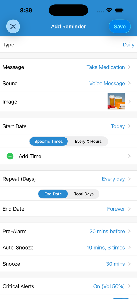 Reminder, Reminders with Voice - Interface de usuário para configurar um lembrete de medicação diário com uma mensagem de voz e configurações de adiamento personalizadas