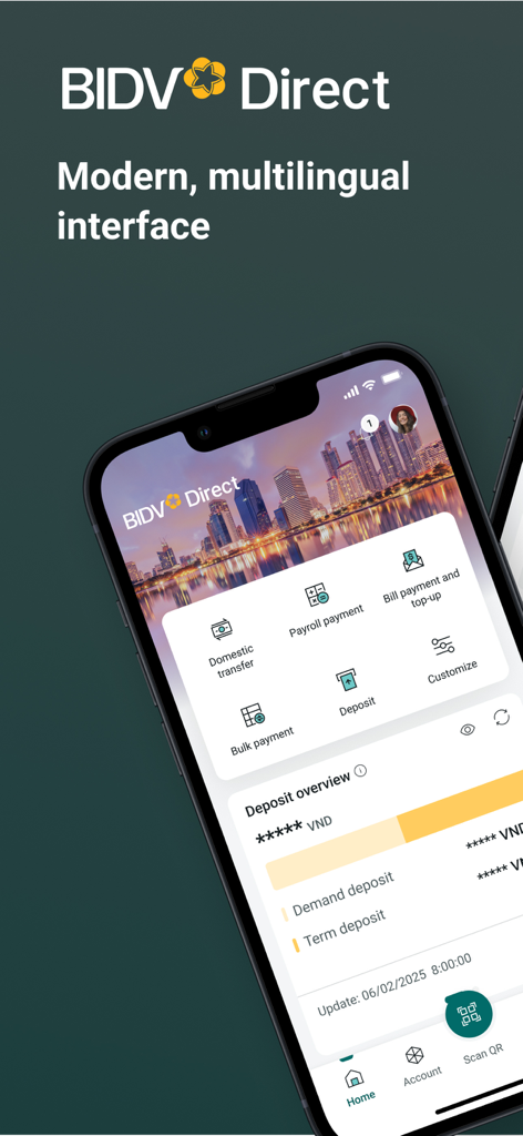 Interface do aplicativo de banco comercial BIDV Direct exibindo ferramentas financeiras e resumo de depósitos